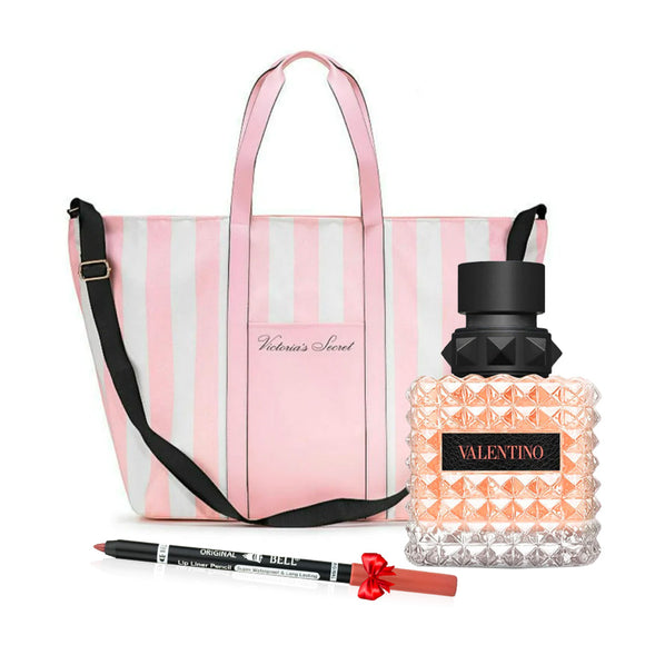 Valentino Donna Born In Roma Coral Fantasy EDP (100 ML) +حقيبة Victoria's Secret + قلم تحديد الشفاه هدية مجانا