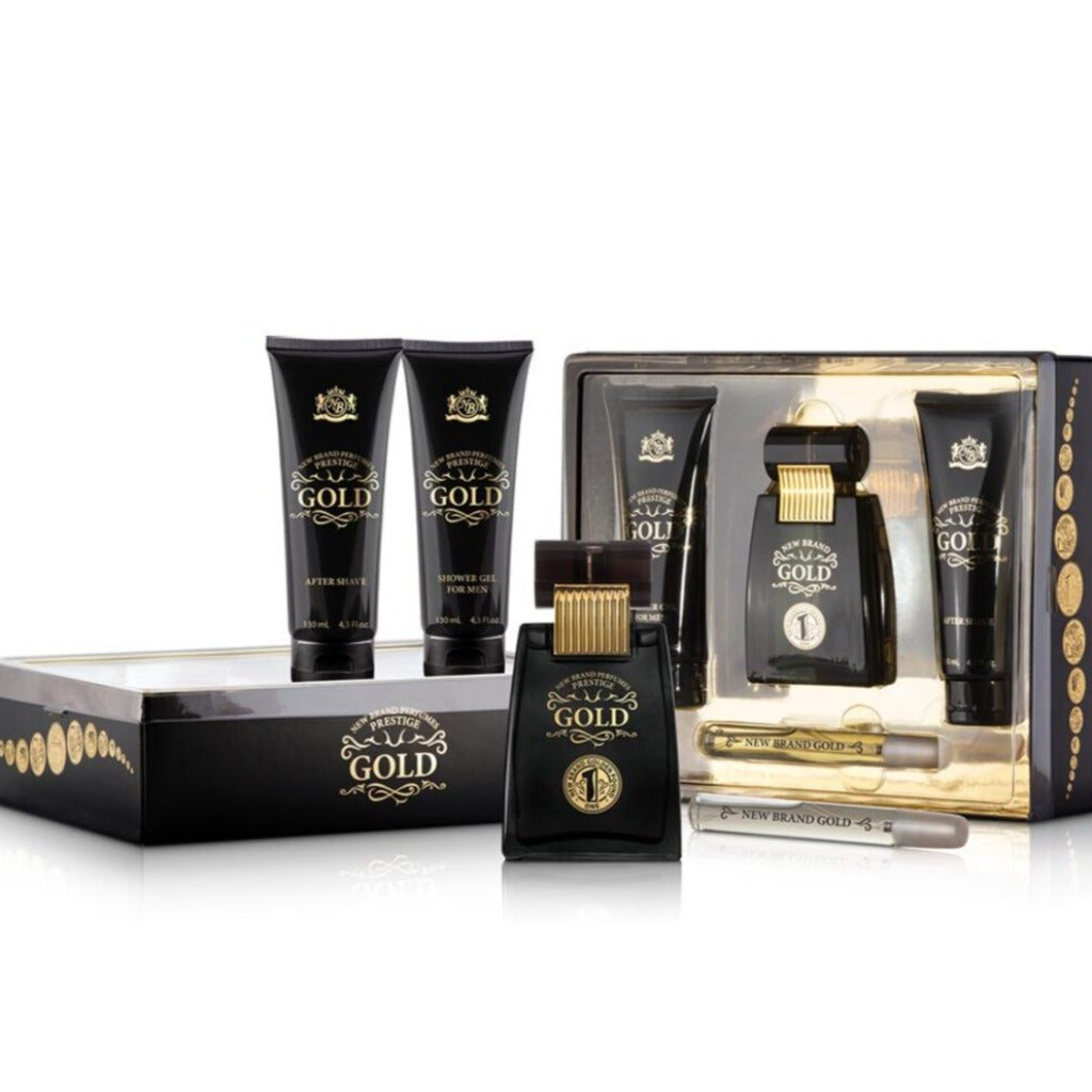 مجموعة New Brand Gold ( EDT 100ml +After Shave 130ml +Shower Gel 130 ml)